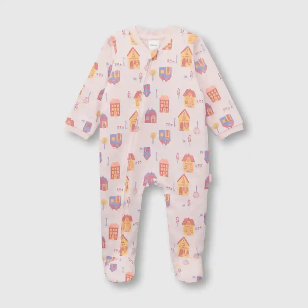 Pijama Enterito Algodón Casitas Bebé Niña Rosado T. 3/6m