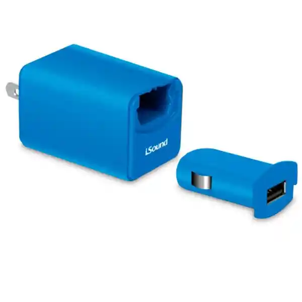 Isound Cargador Muro/Auto Usb 2.1A Azul ISOUND-2156