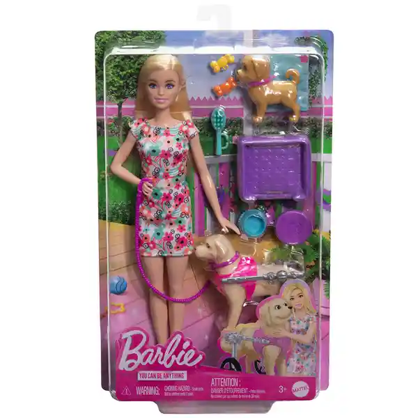 Barbie Set Muñeca Paseo Con Perrito en Silla de Ruedas HTK37