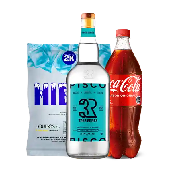 3R Pisco Transparente + Coca-Cola Gaseosa + Hielo Líquidos
