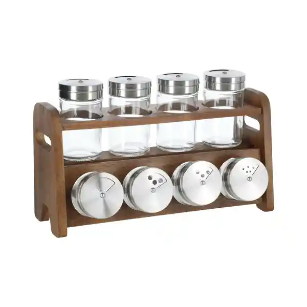 Set Especieros Vidrio Con Rack de Madera 90 mL