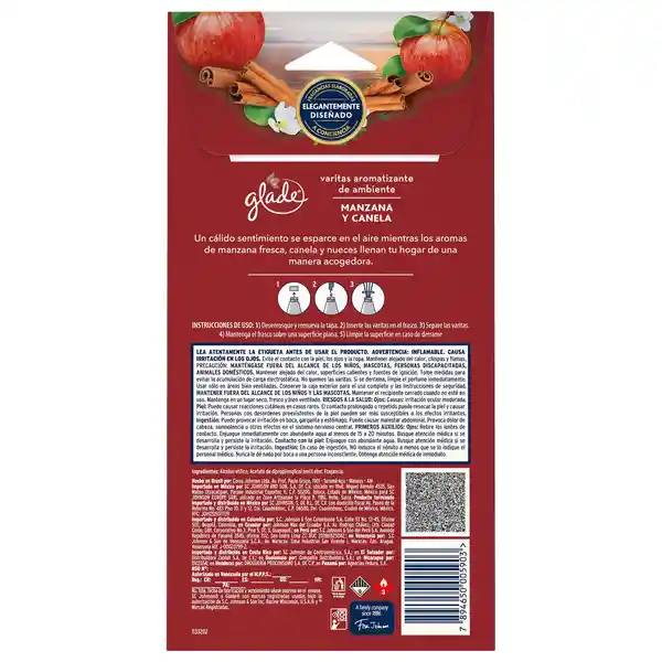 Aromatizante varitas difusoras Glade Varitas Manzana y Canela 100ml