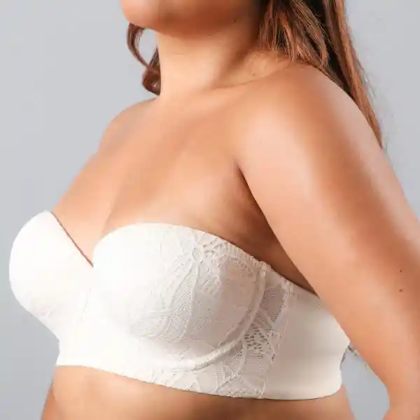 Sostén Sin Bretel Copa Encaje Color Champagne Talla 36C Flores