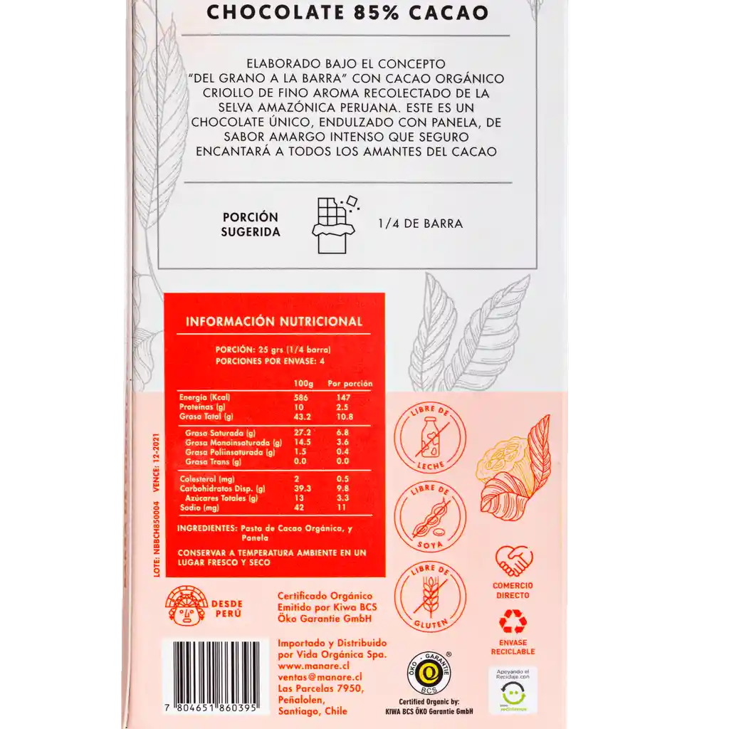 Manare Barra de Cacao 85% Orgánico. Sin Gluten. Sin Lactosa