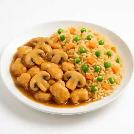 Pollo champiñón con arroz chaufán