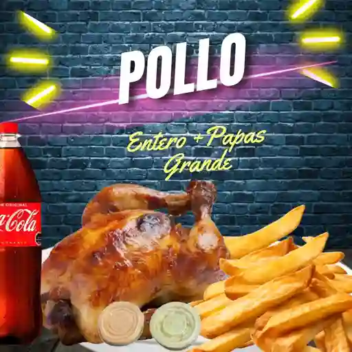 Pollo entero + papas grandes + beb 2lts