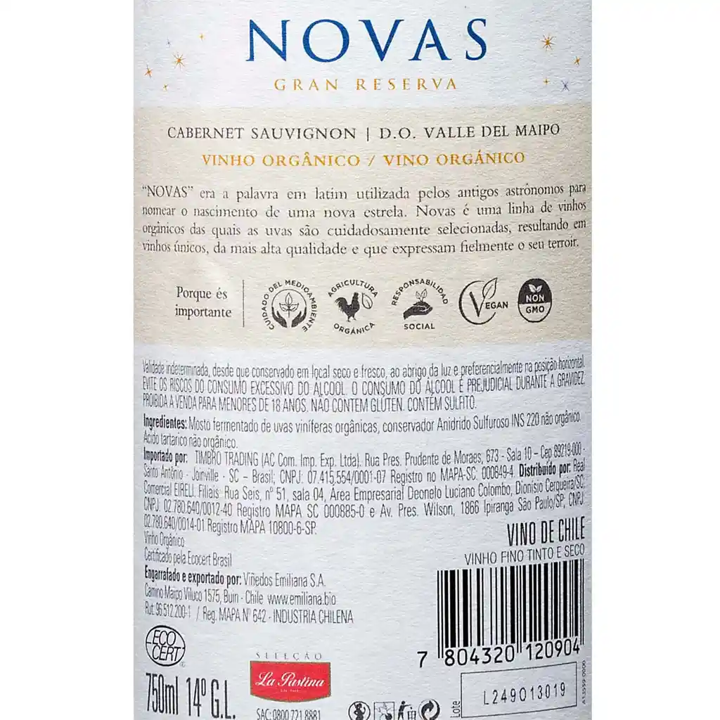 Novas Vino Cabernet Sauvignon Mer Org 750Cc