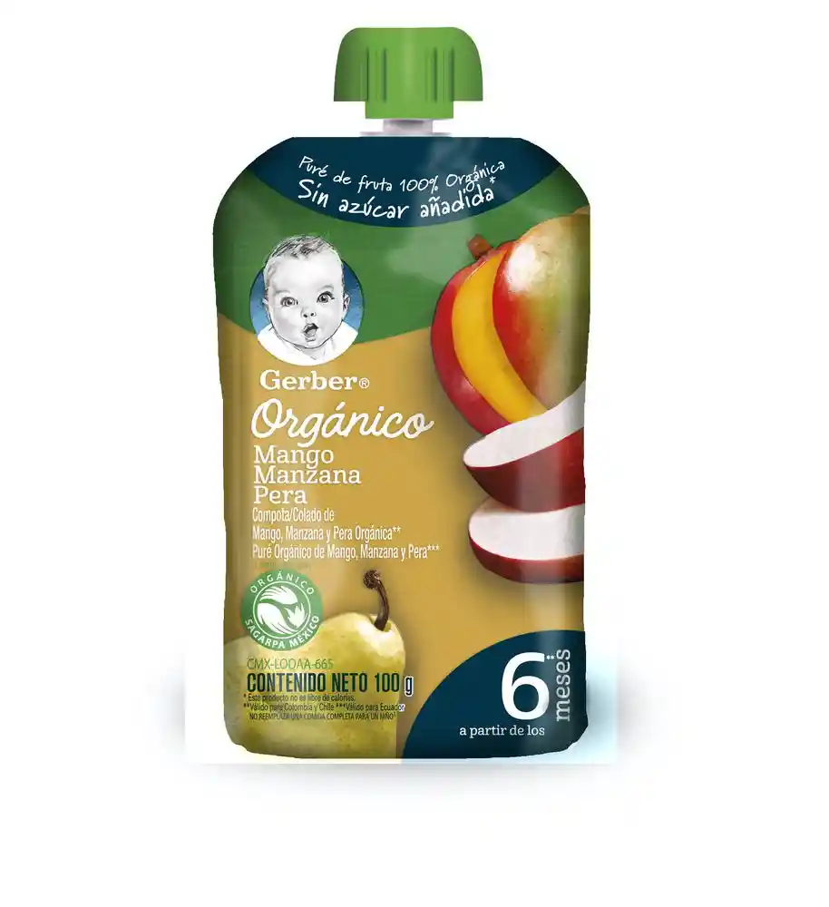 Gerber Compota Orgánica Pouch Mango Manzana Pera