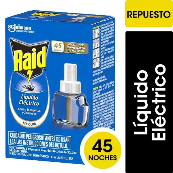 Insecticida Raid Mosquitos Líquido Eléctrico 45 Noches 32.9 mL