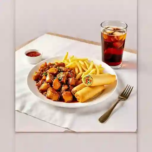 Pollo Mongoliano Con Papas Fritas + 2u Arrollado Primavera