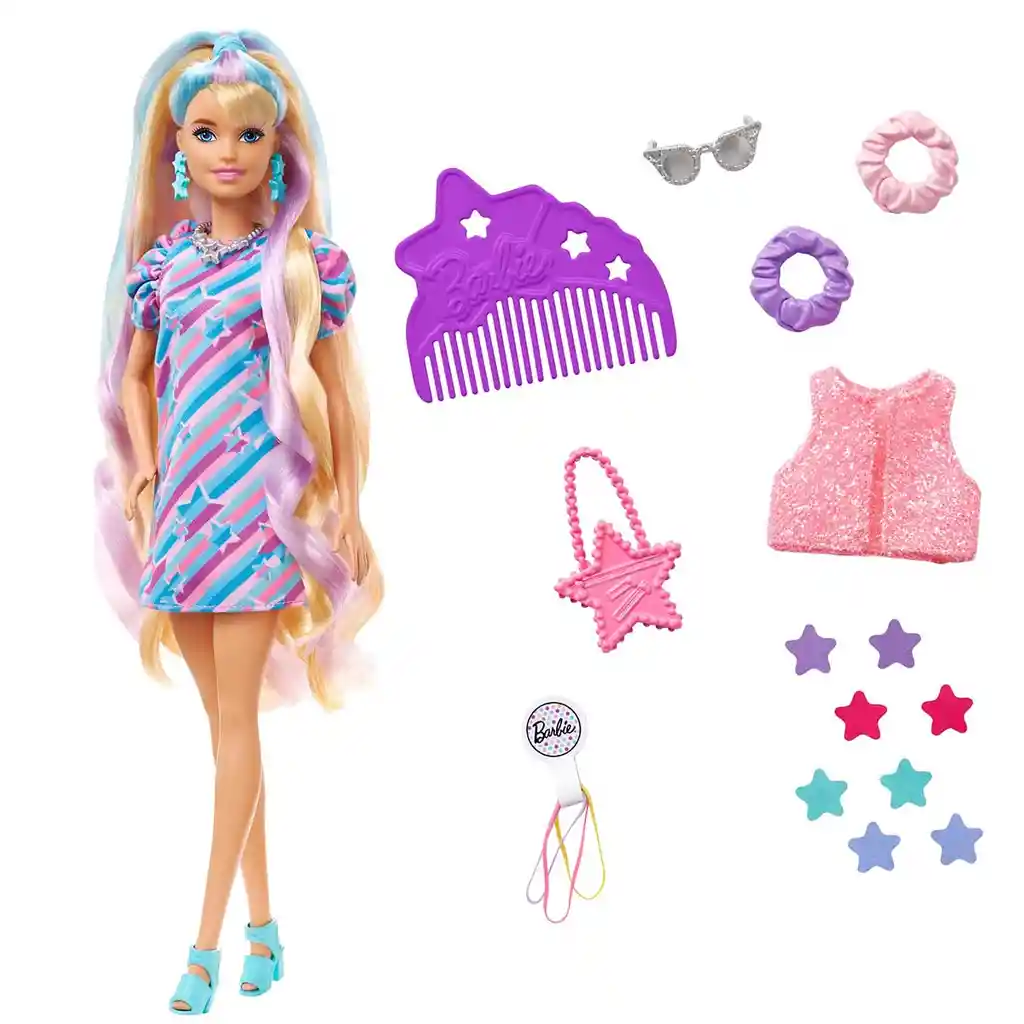 Barbie Muñeca Totally Hair Vestido de Estrellas Amarillas