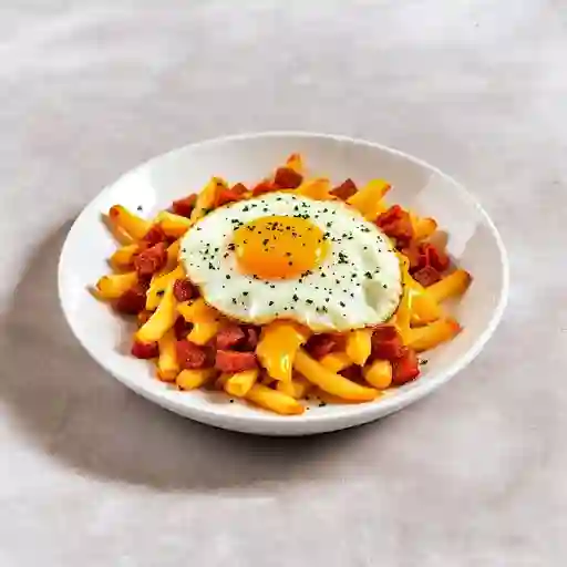 Papas Fritas Chicas (350grs) + Queso Cheddar Y Gouda + Chorizo + Huevo