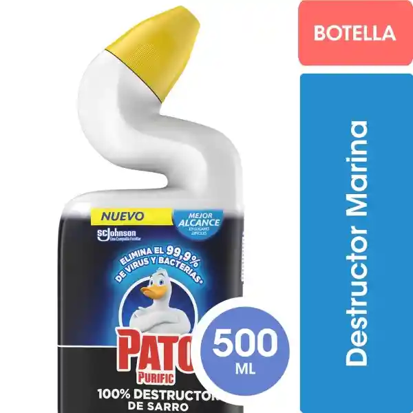 Limpiador Desinfectante para Inodoro Pato Purific 100% Destructor de Sarro Marina 500ml