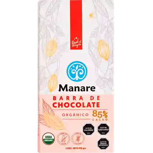 Manare Barra de Cacao 85% Orgánico. Sin Gluten. Sin Lactosa