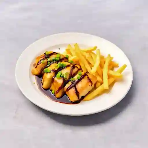 Pescado mongoliano con papa fritas