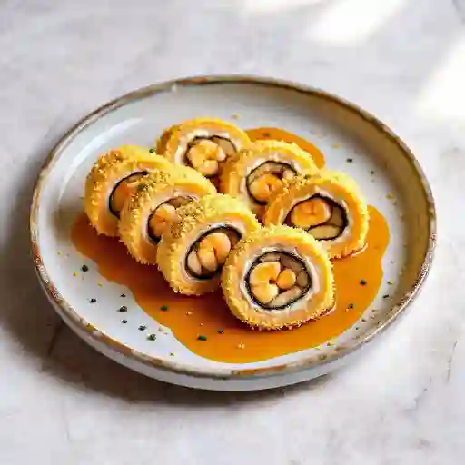 Envuelto En Salmon Apanado En Panko, Relleno De Camaron, Champignon, Queso Crema, Cebollin