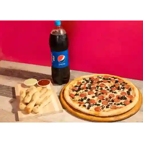 Pizza Sureña F + Bebida 2L + Palitos Ajo