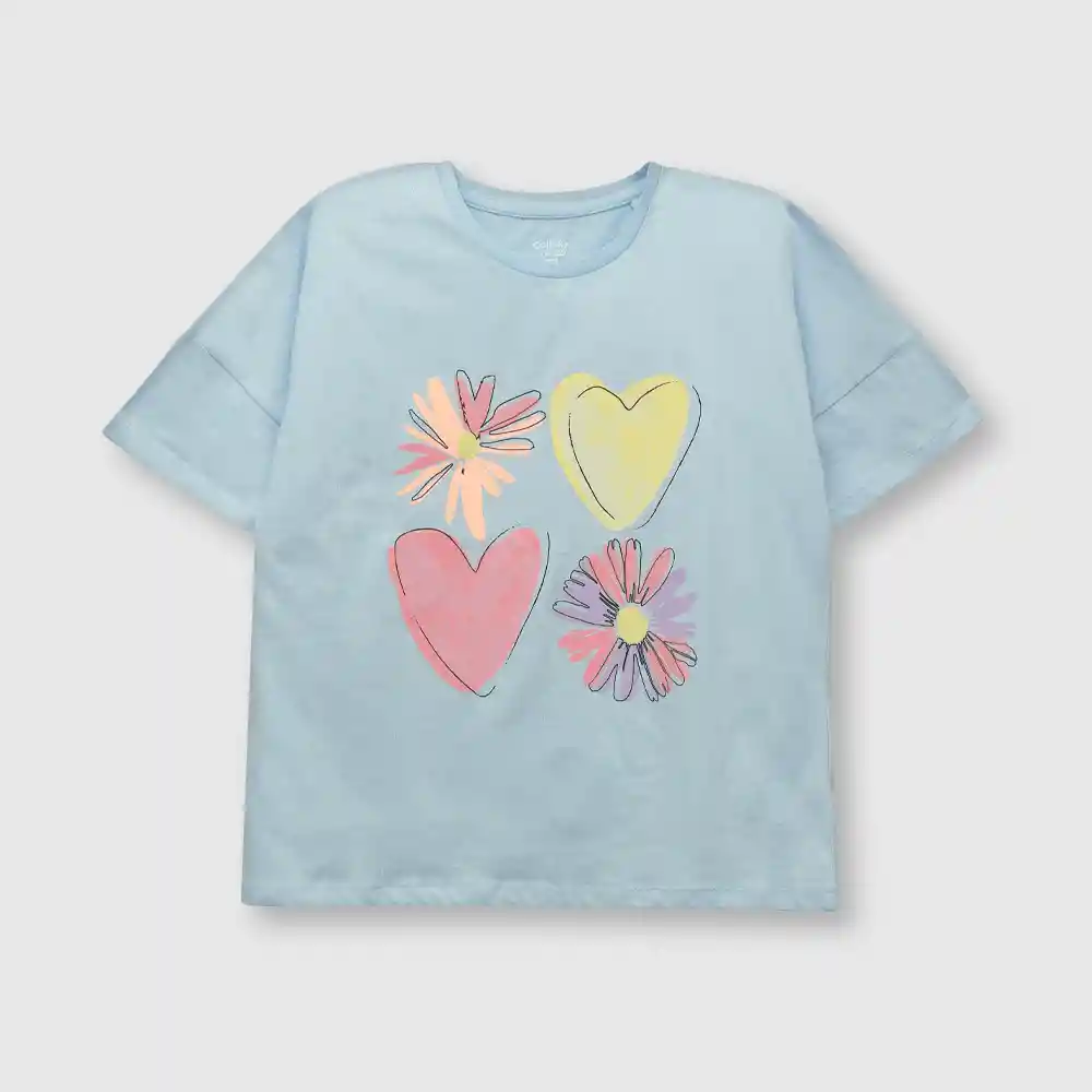 Polera Flor Y Corazón Niña Celeste Talla 4a