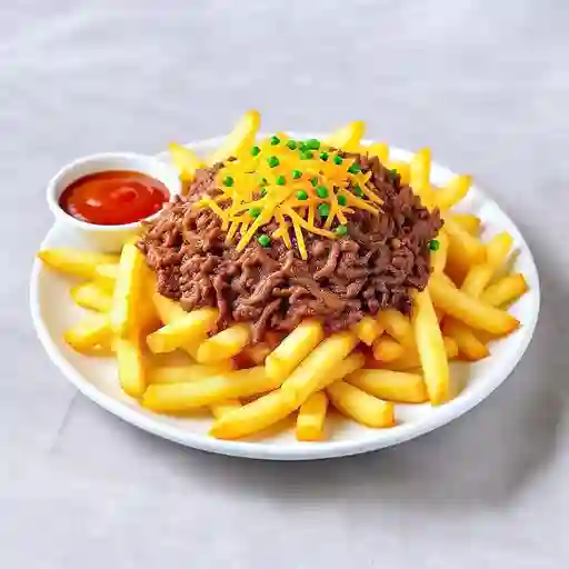 Papas Fritas + Queso Cheddar + Ciboulette + Carne Mechada