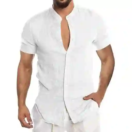 Camisa de Lino Manga Corta Cuello Mao Blanca