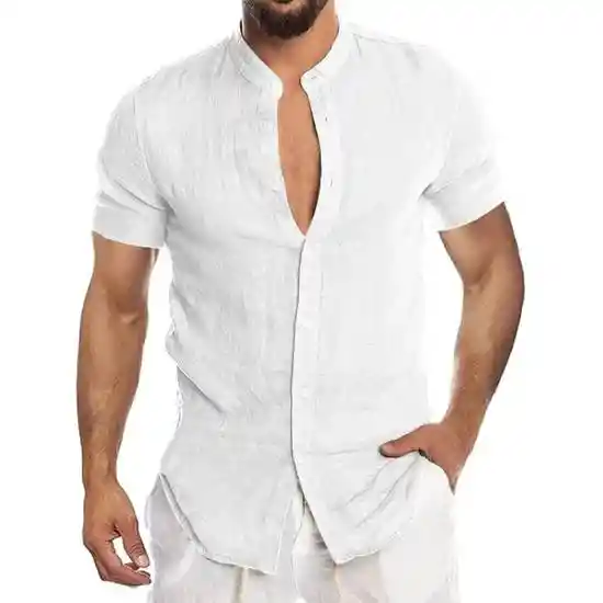 Camisa de Lino Manga Corta Cuello Mao Blanca