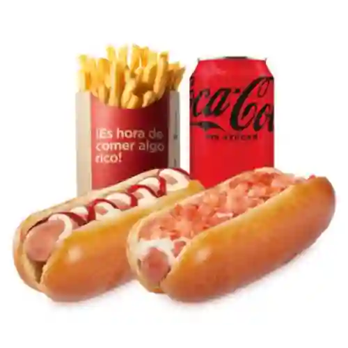 2 Hot Dogs Variedades + Papas + Bebida