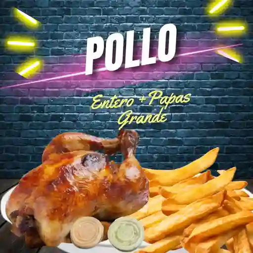 Pollo entero + papas grandes