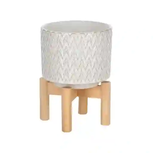 Maceta de Cerámica Con Base de Bambú 14 x 12 cm Casaideas