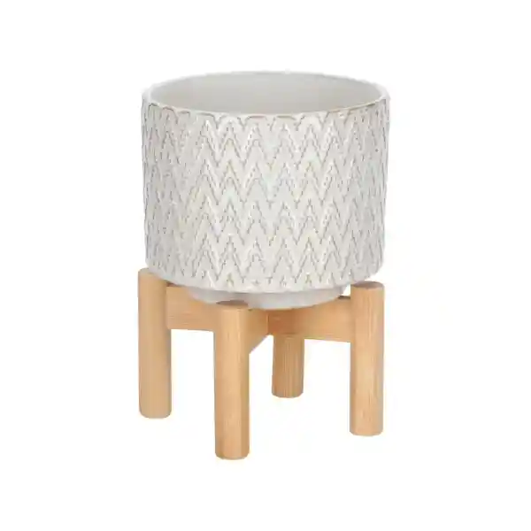 Maceta de Cerámica Con Base de Bambú 14 x 12 cm Casaideas