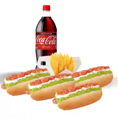 4 Hot Dog + Papas Fritas Med + Beb 1500
