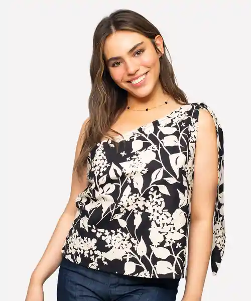 Lounge Blusa Beach People Un Hombro Abstract Black Flower Xs