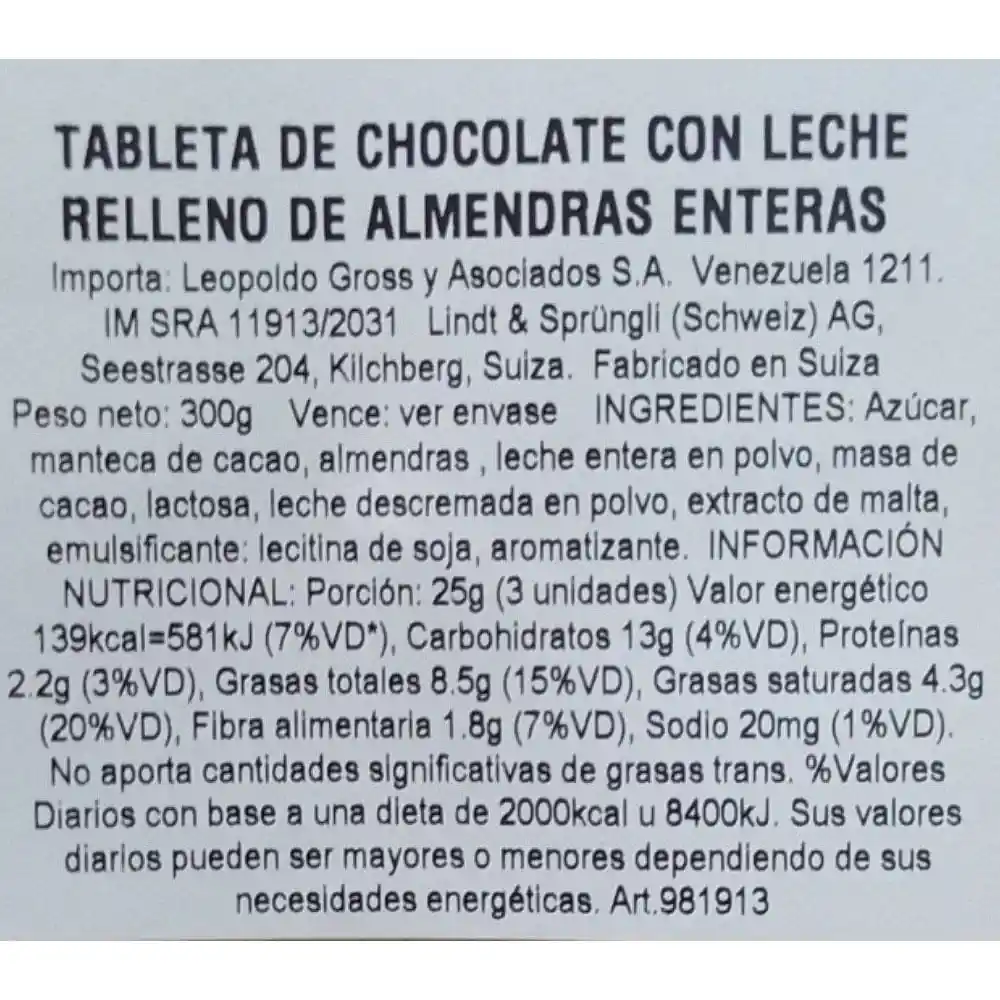 Lindt Chocolate Leche Y Almendras