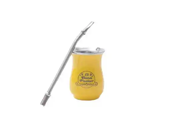 Mate Acero Copihue Con Bombilla Amarillo Chico el Buen Pastor