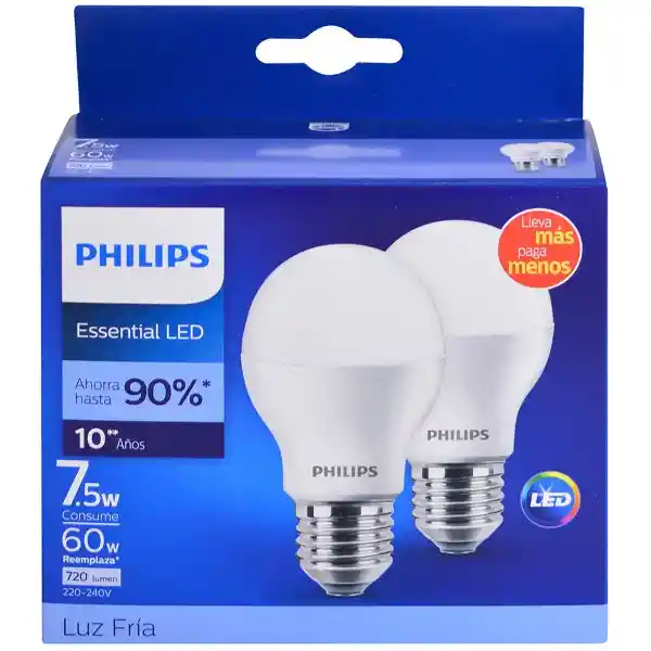 Philips Pack Foco Ampolleta Led Luz Fría 8W E27