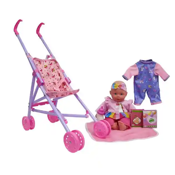 Set Muñeca Con Coche de Plástico