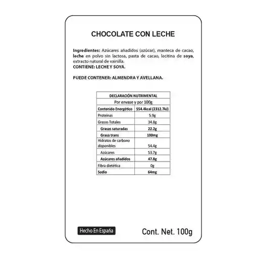 Valor Chocolate Leche Sin Lactosa