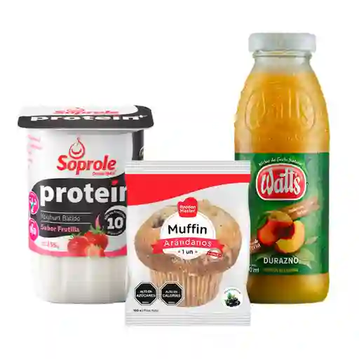 Combo Mufin Arándano + Yogurt Protein Frutilla + Watts Durazno