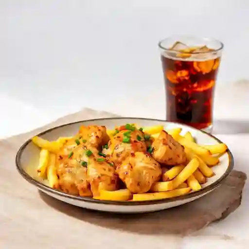 Colacion Papas Fritas Con Pollo Mongoliano+5 Unidades De Wantan Fritos + Bebida 350mi, Sabor Coca Cola O Fanta.