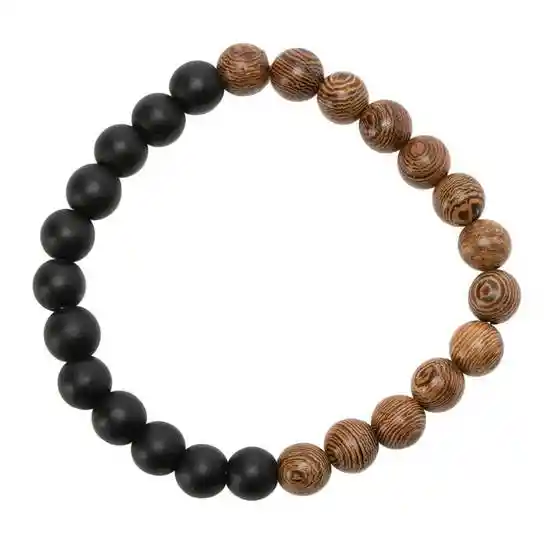 Pulsera Elástica Con Esferas de Madera y Piedra Onix