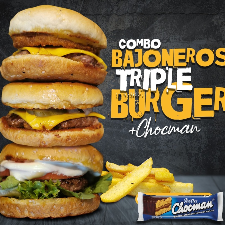 Bajoneros Triple Burger (3 Burger + 1 Porc. de Papas + 1 Chocman