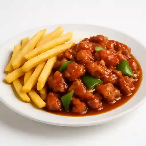 Colacion cerdo mongoliano - papas fritas