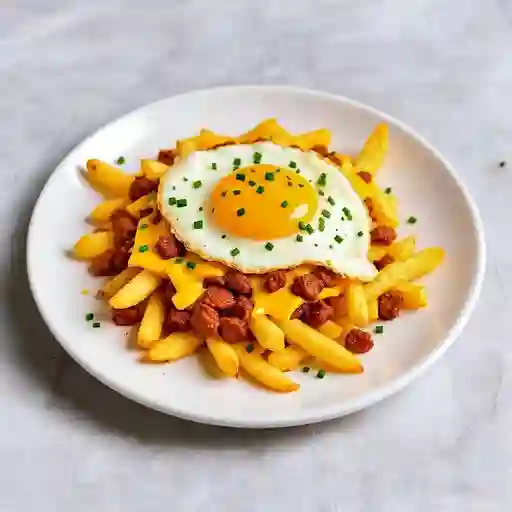 Papas fritas con chorizo y huevo