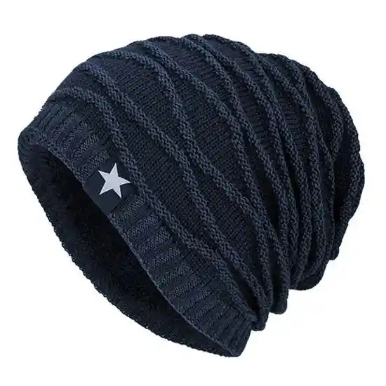 Gorro Tejido en Lana Con Polar y Diseño Relieve Azul