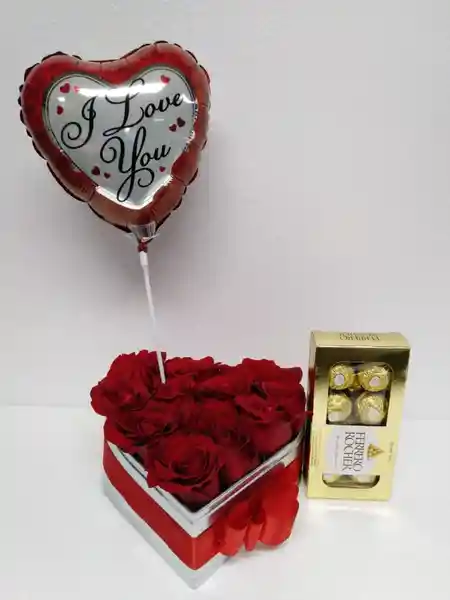 12 Rosas En Caja Corazón Bombones Y Globo