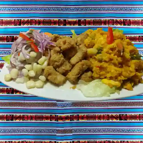 Trio(ceviche- Chicharrón-arroz Mariscos)