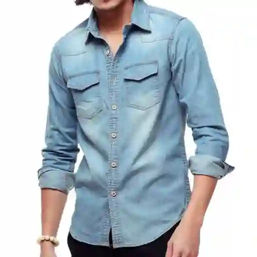 Camisa Botones Jean Manga Larga Azul Claro