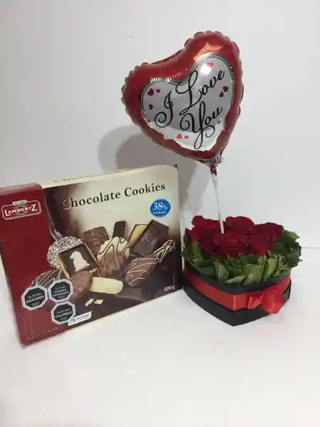 Lambertz Caja Con 6 Rosas +  Galletas Y Globo