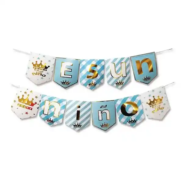 Guirnalda Banderín ''Es un Niño '' Celeste Dorado