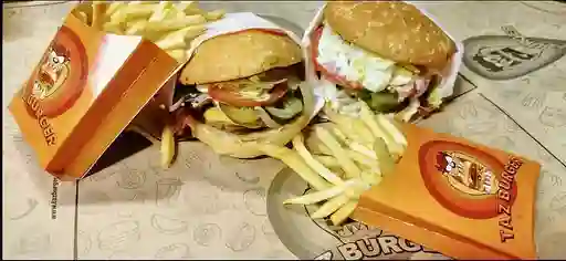 2 Hamburguesas Taz Magníficas, 2 Papas Medianas 2 Bebidas