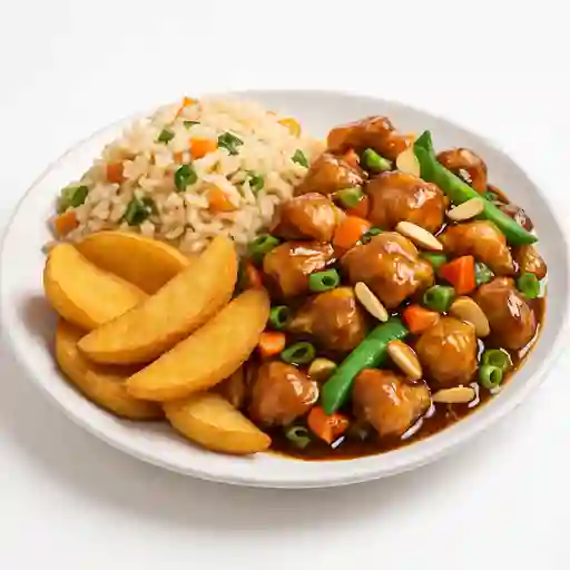 Póllo Chiten con Papas y Arroz Chaufan